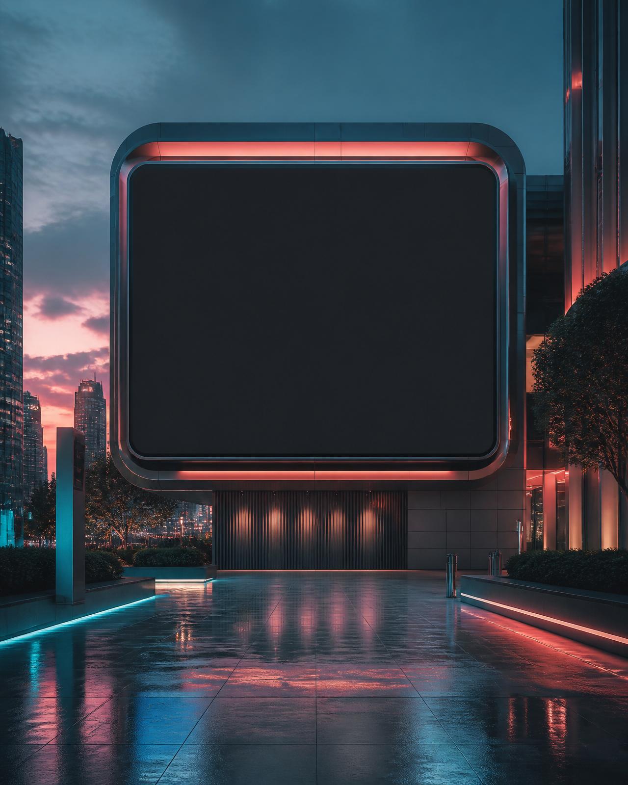 Modern digital billboard in an urban plaza at dusk